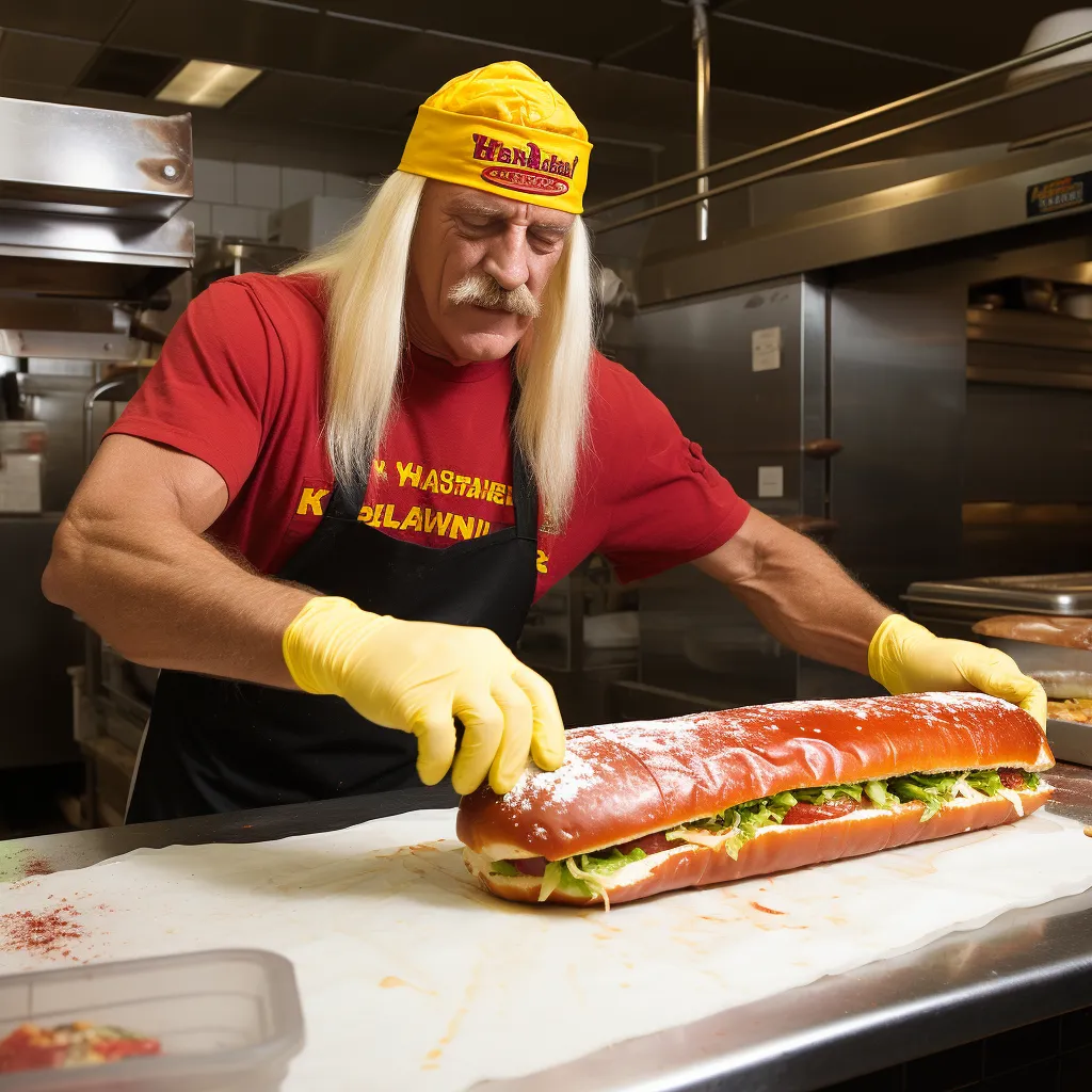 An AI generated image of wrestler Hulk Hogan making a giant submarine sandwich
