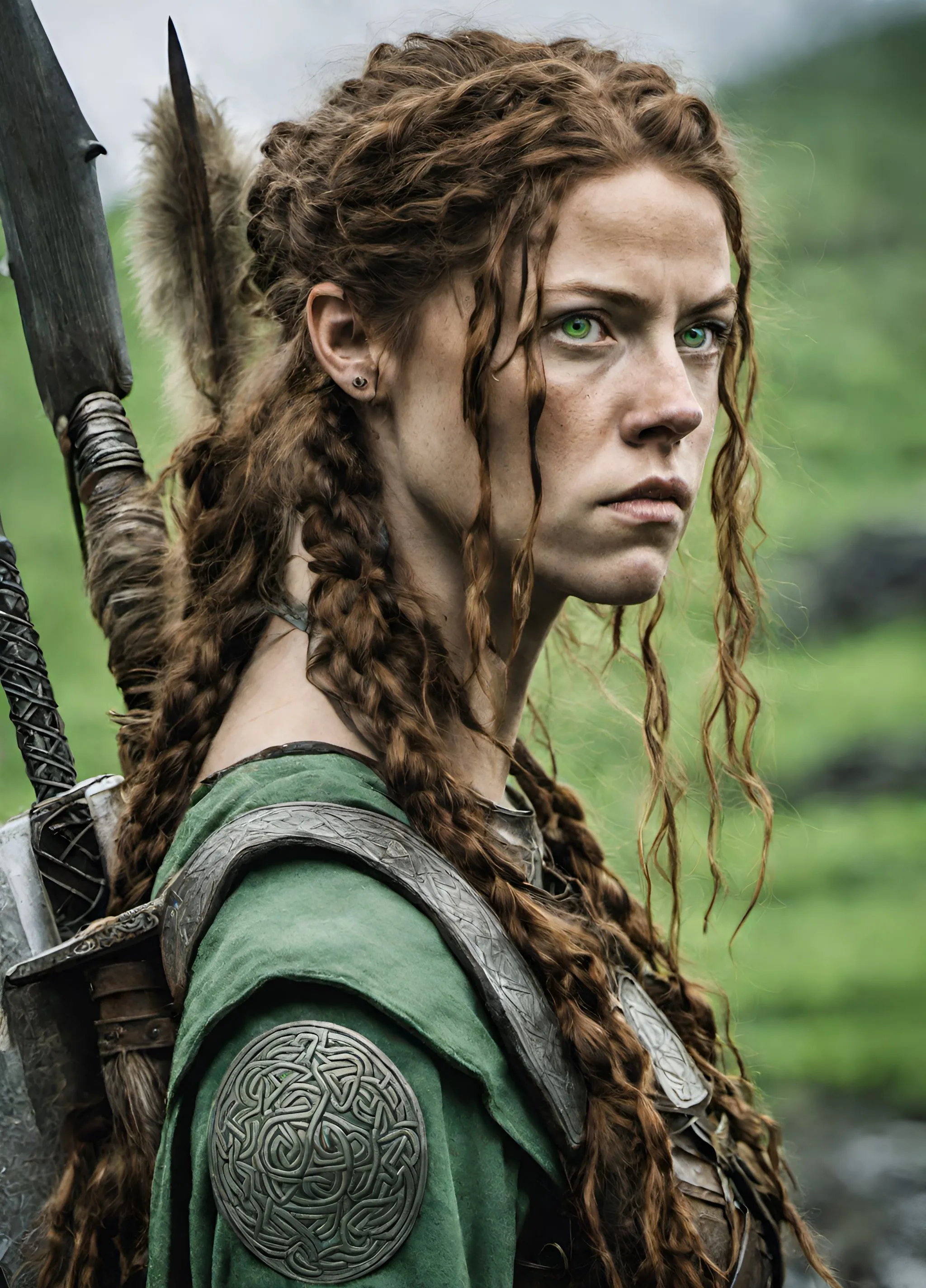 A woman with messy, braided red hair and green eyes, wearing a tunic decorated with celtic knots, looking to the right with a grim expression on her face.