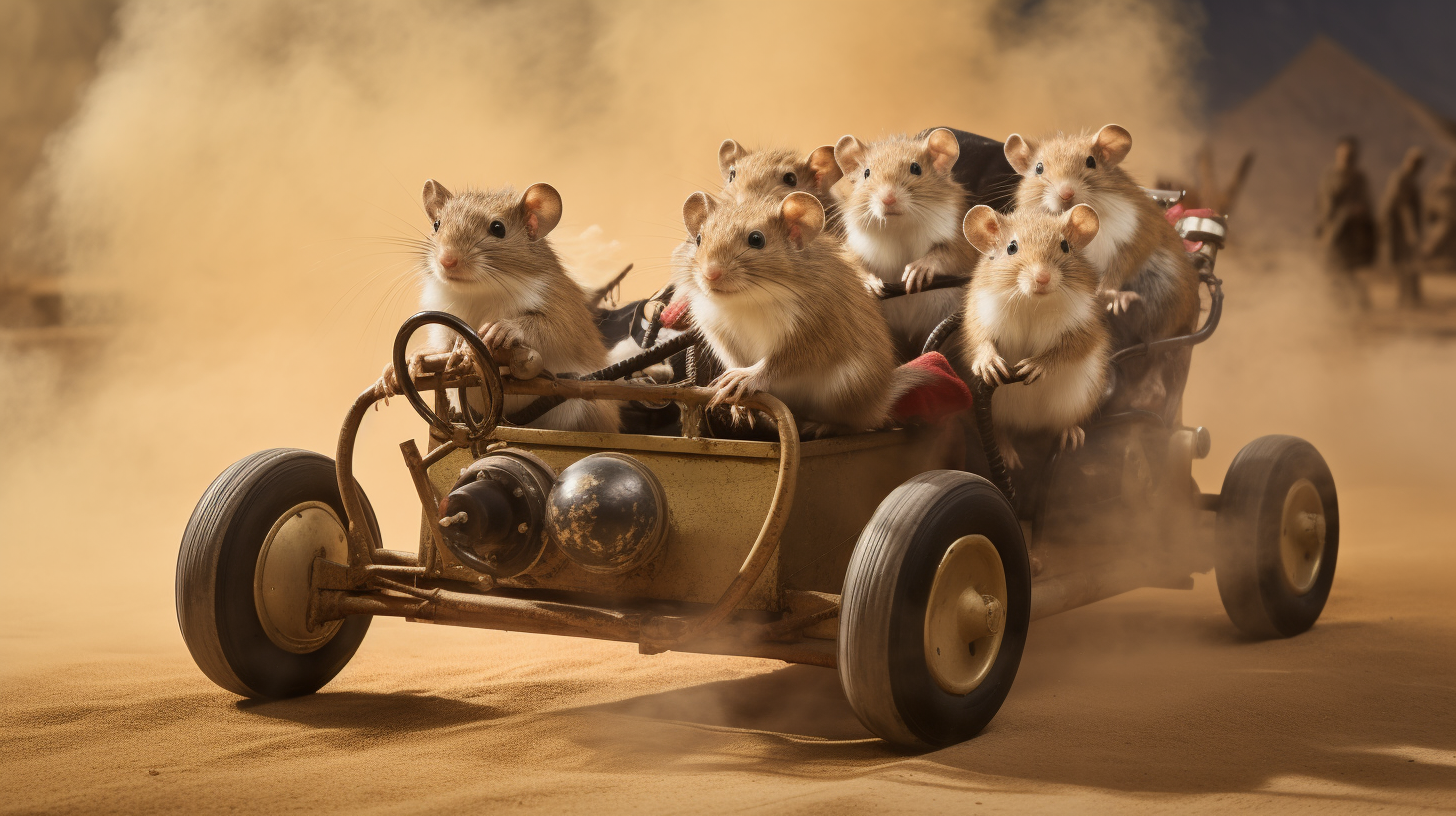 AI art of a bunch of gerbils riding an antique-looking open-top car across a dry lake bed, a cloud of dust behind them.
