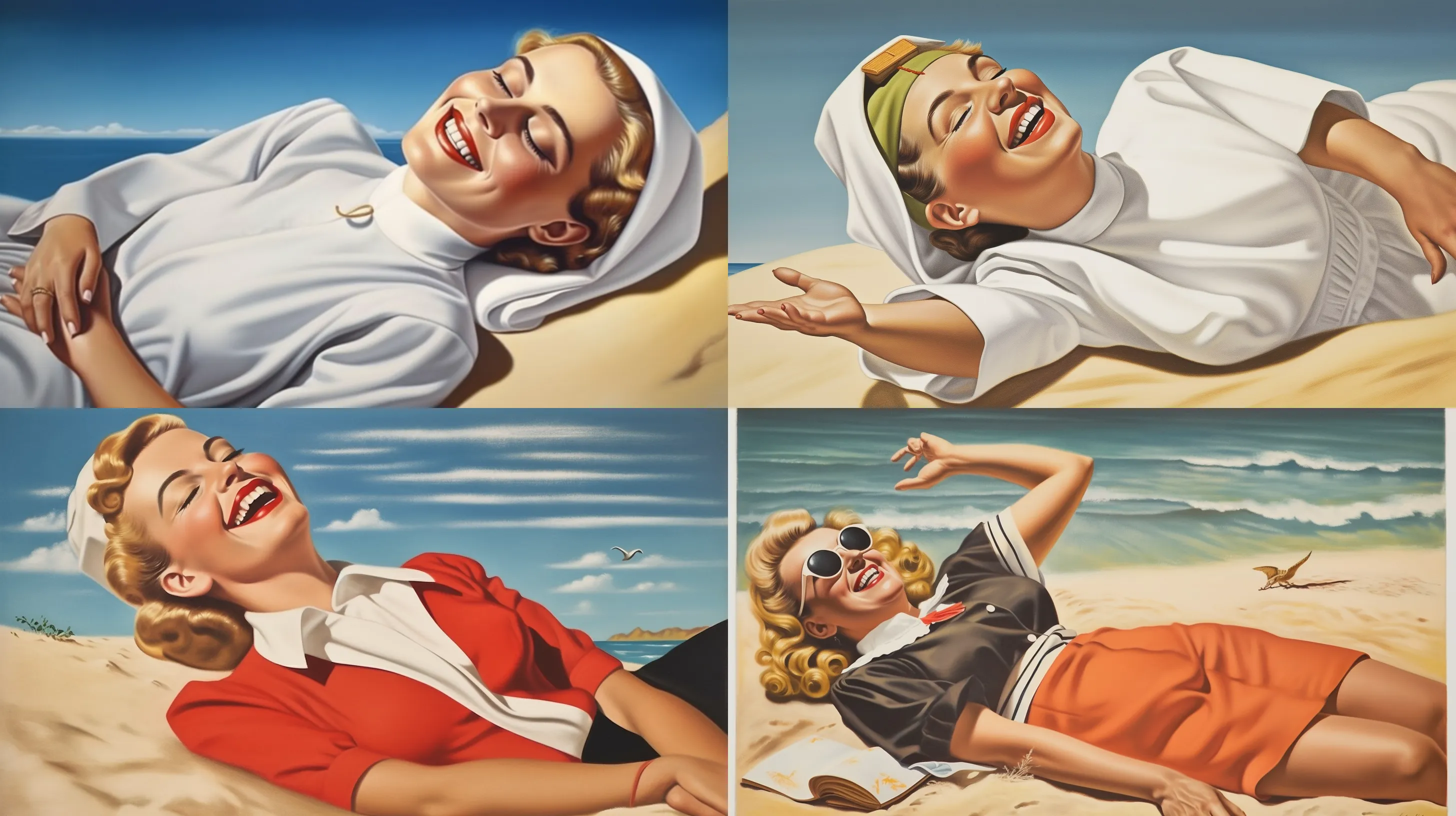 Four thumbnail renders of a nun laying on the beach. The first looks reasonable, the other three have deformed hands, strange shoulders, or awkward poses.