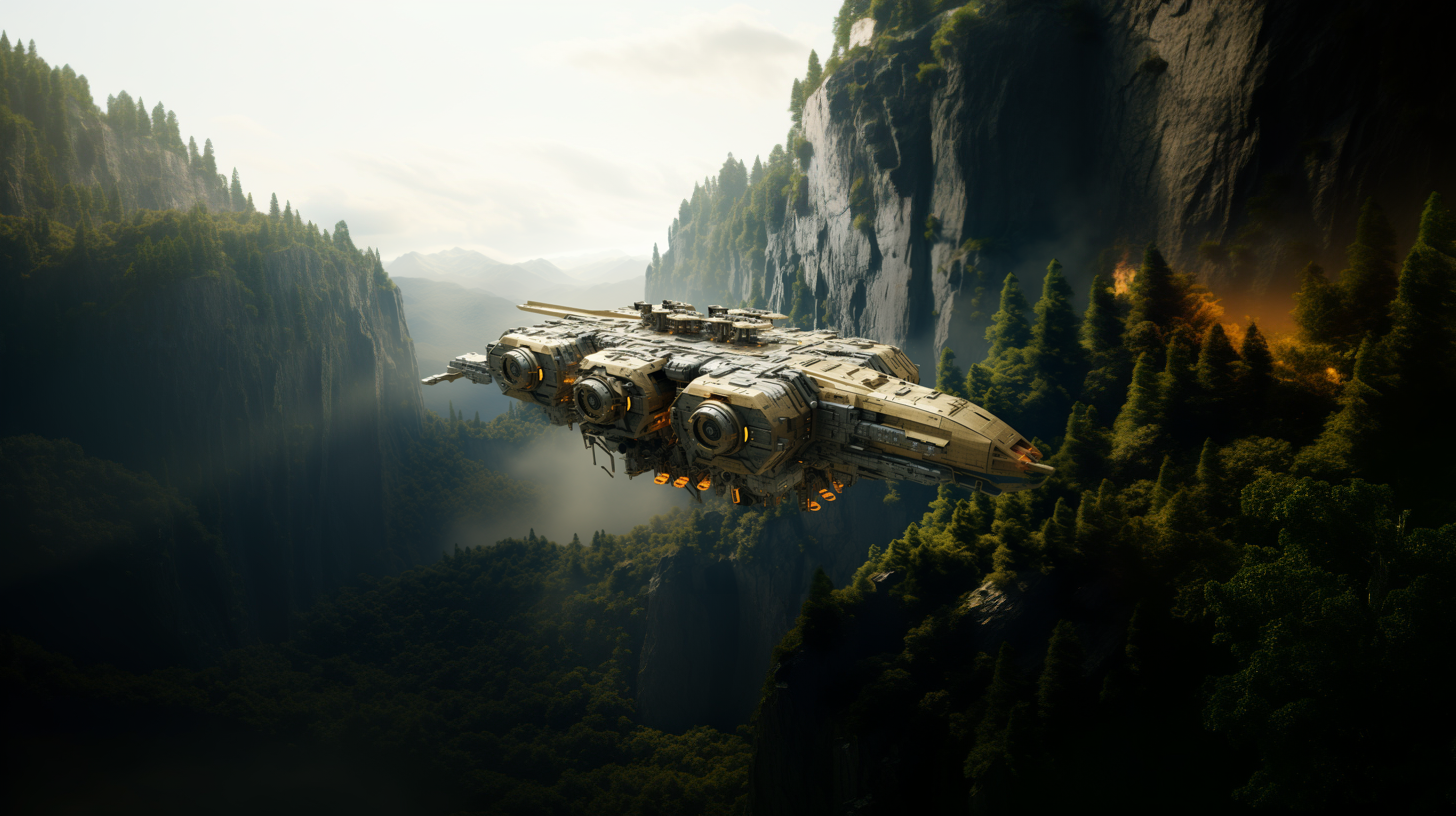 AI art of a large spaceship with many antennae and protrusions landing in a fog-filled forest canyon.
